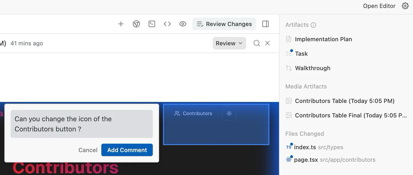 Un aperçu de l'interface utilisateur d'un IDE, montrant une boîte de dialogue de commentaire sur la modification d'une icône de bouton, avec une liste d'artefacts et des fichiers modifiés sur le côté. Un aperçu de l'interface utilisateur d'un IDE, montrant une boîte de dialogue de commentaire sur la modification d'une icône de bouton, avec une liste d'artefacts et des fichiers modifiés sur le côté.