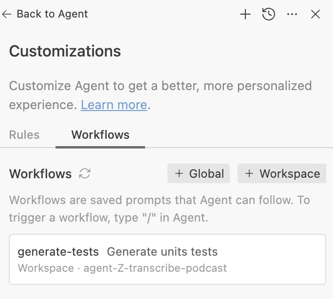 Interface affichant les options de personnalisation pour l'Agent dans Google Antigravity, incluant les sections 'Rules' et 'Workflows' avec des exemples de workflows sauvegardés. Interface affichant les options de personnalisation pour l'Agent dans Google Antigravity, incluant les sections 'Rules' et 'Workflows' avec des exemples de workflows sauvegardés.