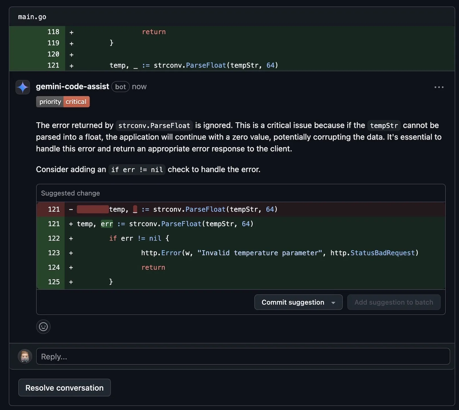 A screenshot of Code Review comments from Gemini Code Assist A screenshot of Code Review comments from Gemini Code Assist