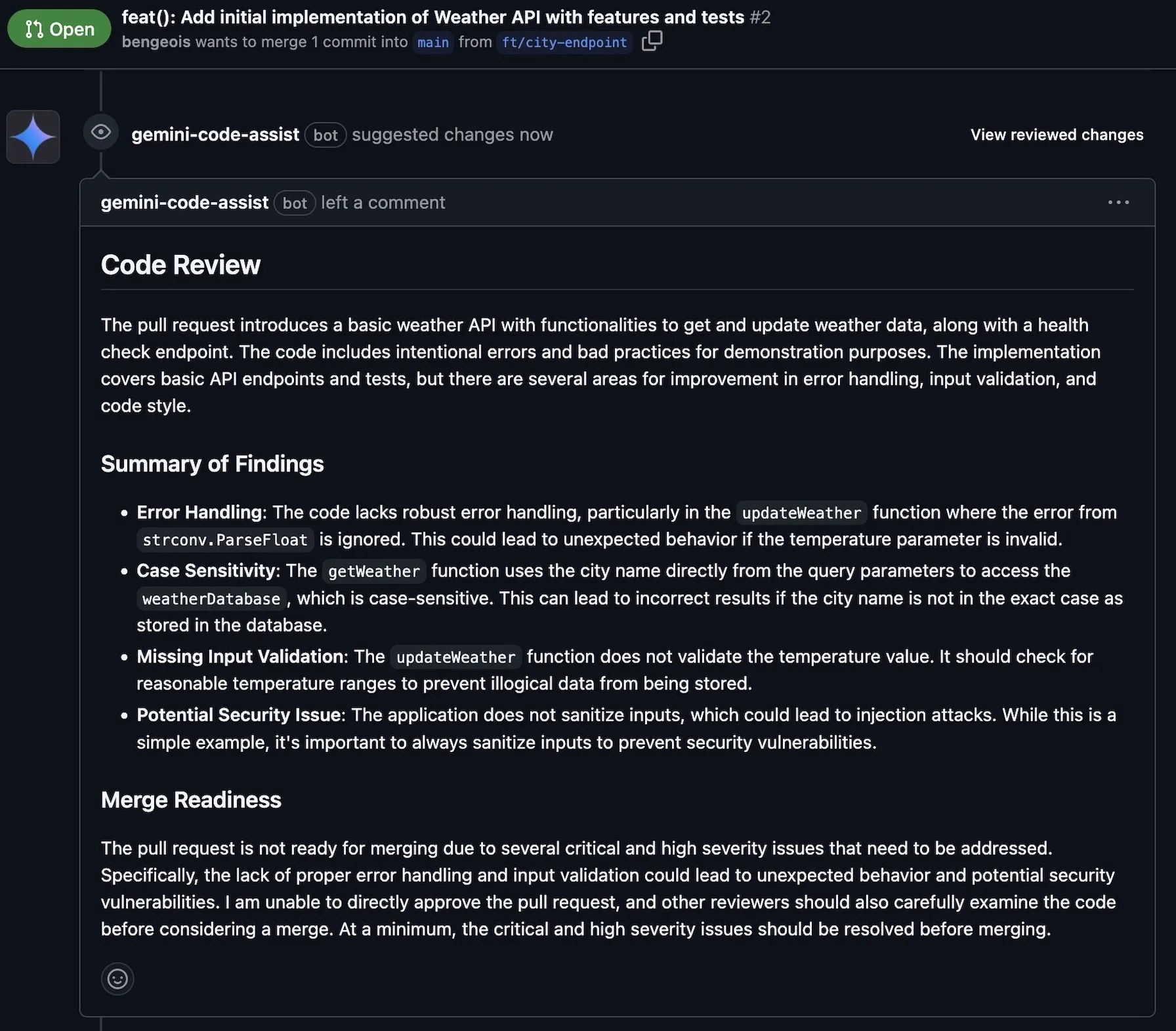 A screenshot of Code Review Summary from Gemini Code Assist