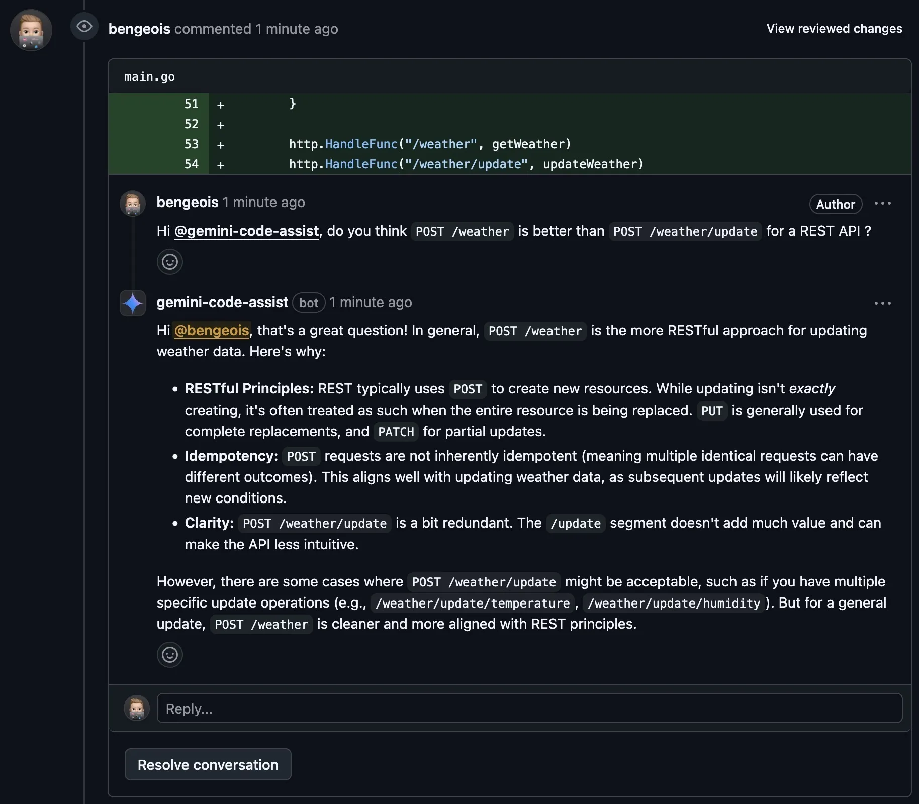A screenshot of a question on a line of code for Gemini Code Assist