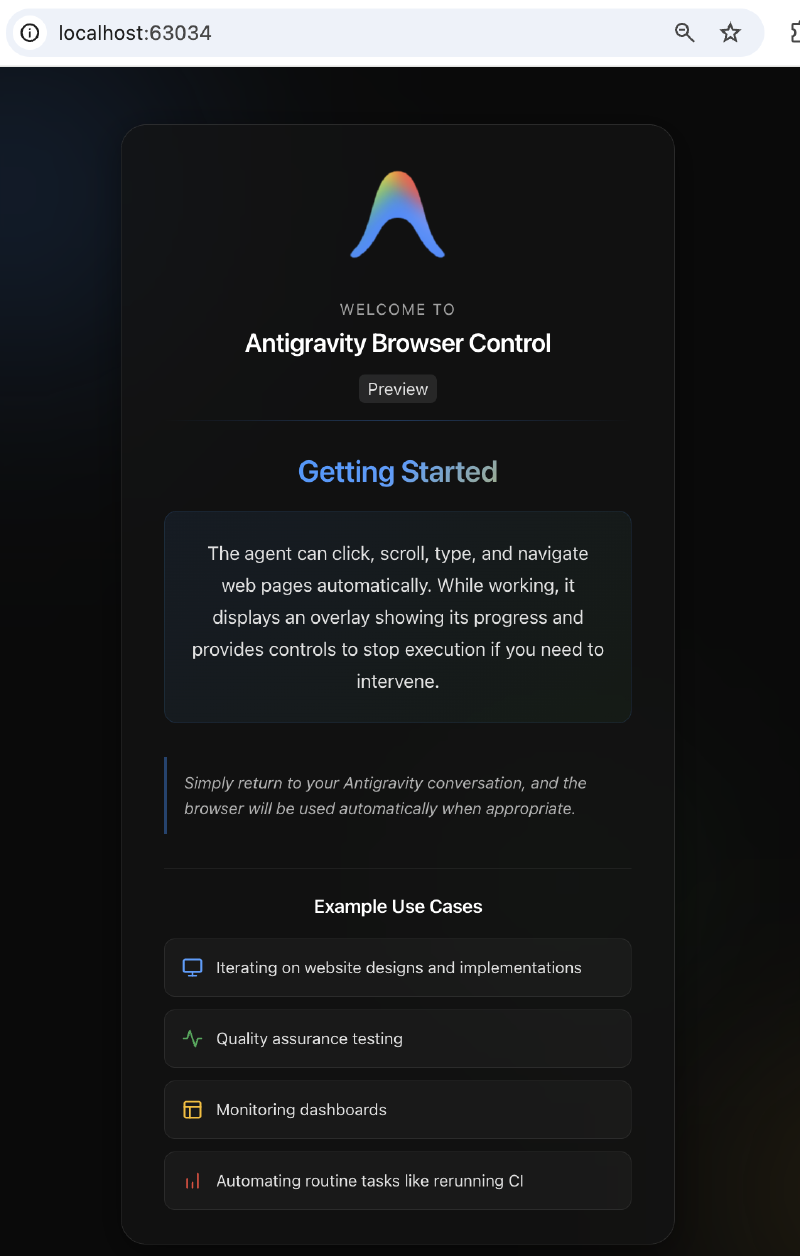 Interface de contrôle du navigateur Antigravity, affichant des instructions sur les fonctionnalités d&rsquo;automatisation, des exemples de cas d&rsquo;utilisation tels que la conception de sites Web et les tests d&rsquo;assurance qualité, ainsi qu&rsquo;un message d&rsquo;accueil en couleur.