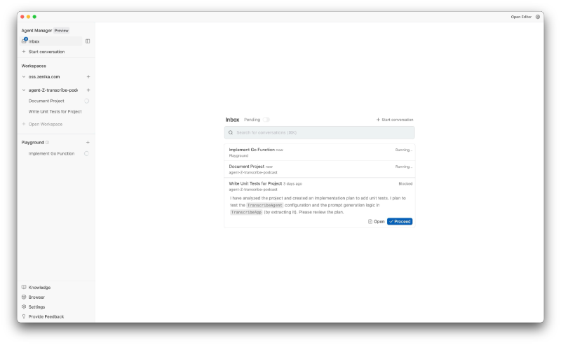 Vue de l&rsquo;interface du Gestionnaire d&rsquo;Agents dans Google Antigravity, montrant la section &lsquo;Inbox&rsquo; avec des projets en attente et des options pour démarrer des conversations.