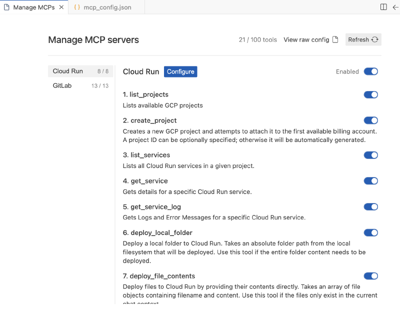 Capture d&rsquo;écran de la configuration des serveurs MCP dans un outil de gestion, montrant une liste de fonctionnalités disponibles et des options d&rsquo;activation.