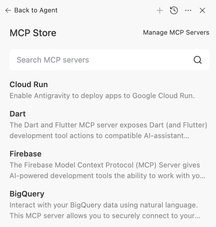 Capture d&rsquo;écran de la boutique MCP dans Google Antigravity, affichant des options pour gérer des serveurs MCP, y compris Cloud Run, Dart, Firebase, et BigQuery.