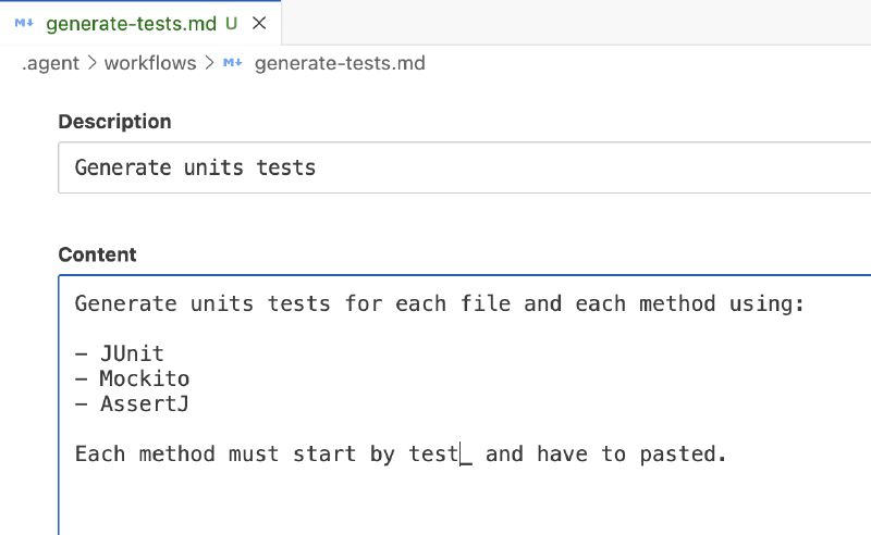 Capture d&rsquo;écran d&rsquo;un fichier markdown nommé &lsquo;generate-tests.md&rsquo; affichant une description pour générer des tests unitaires et une liste de frameworks à utiliser tels que JUnit, Mockito et AssertJ.