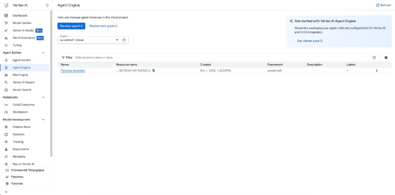 Dashboard Vertex AI Agent Engine
