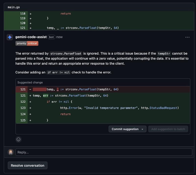A screenshot of Code Review comments from Gemini Code Assist