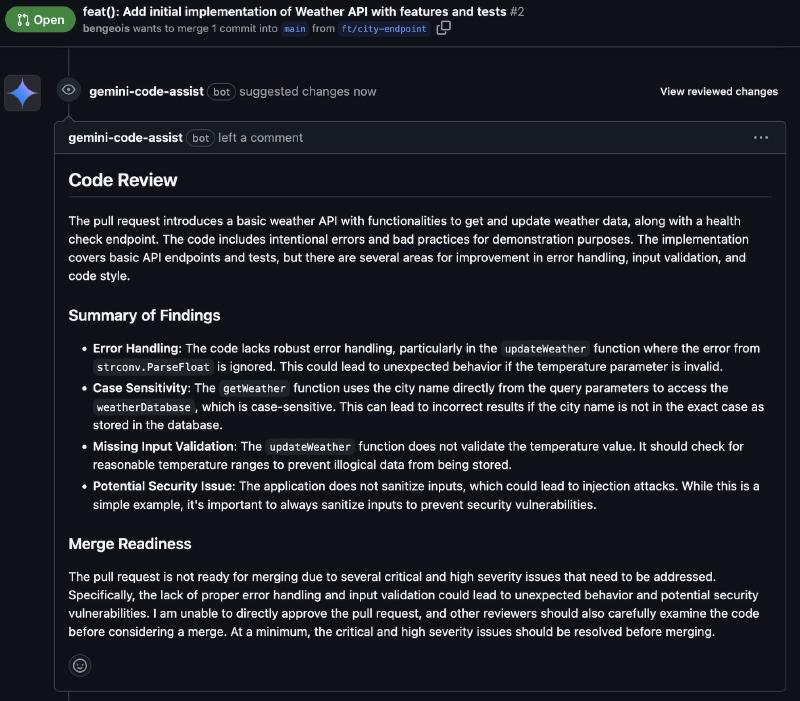 A screenshot of Code Review Summary from Gemini Code Assist