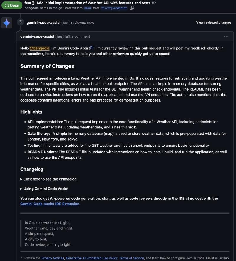 A screenshot of Pull Request Summary from Gemini Code Assist