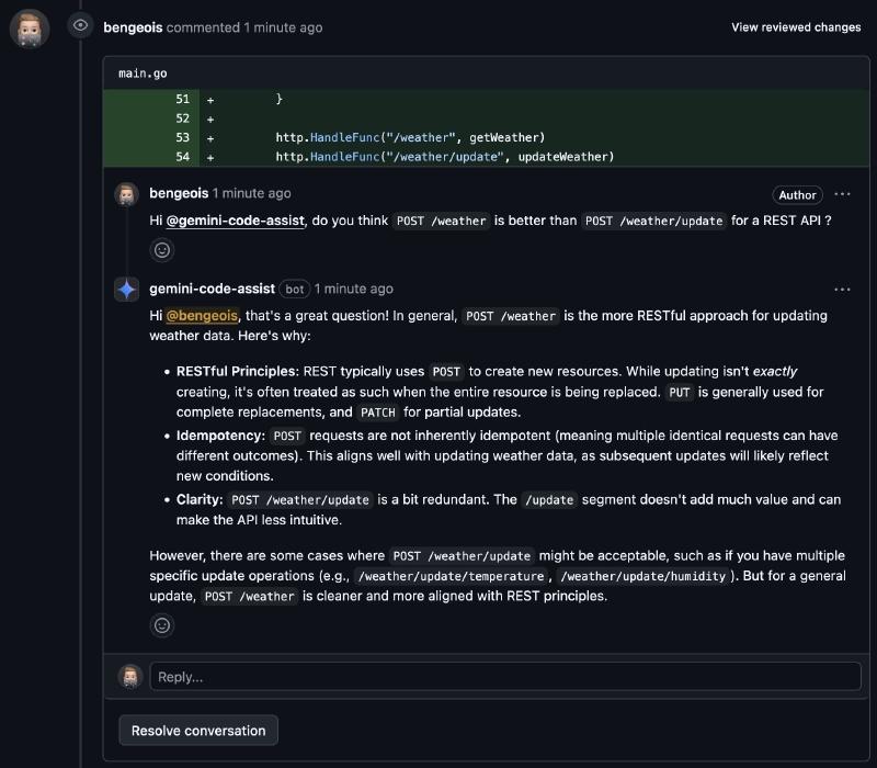 A screenshot of a question on a line of code for Gemini Code Assist