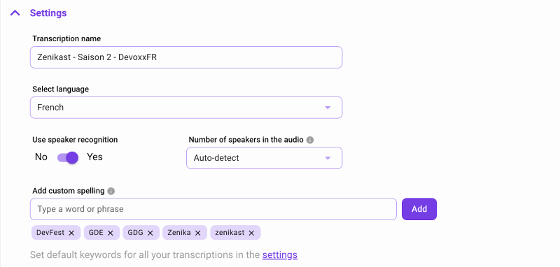 Ajout de mots clés via Whisper transcribe