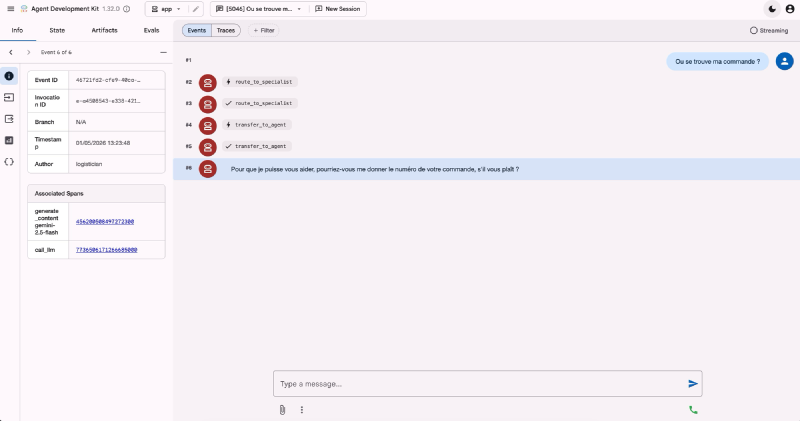 Interface du playground ADK : conversation avec l’agent logistician qui route la demande via transfer_to_agent avant de répondre